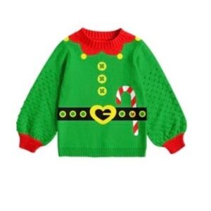 Unbranded Green Elf Christmas Sweater Kids Size 7 Popcorn Sleeve Holiday Knit